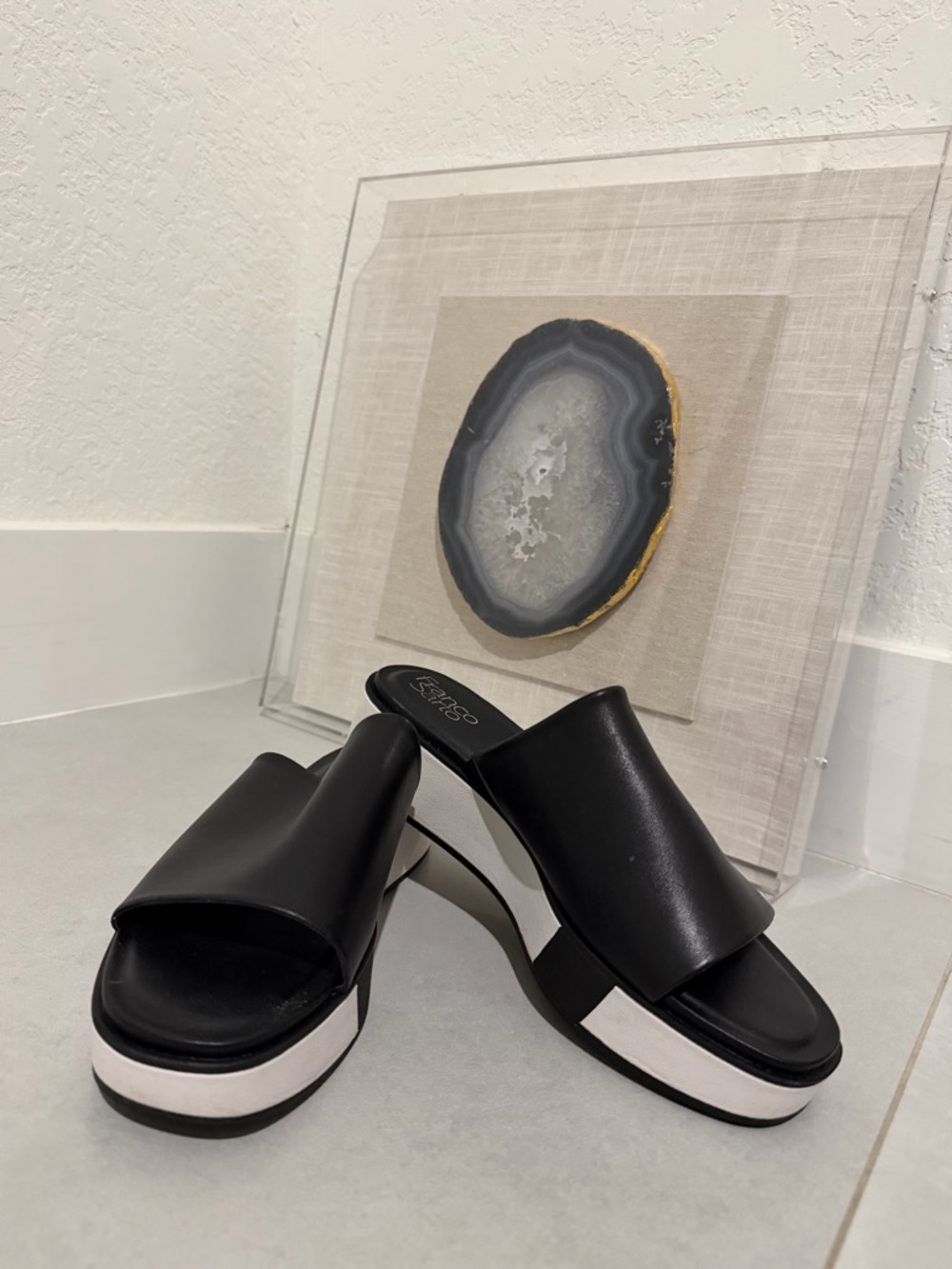 Franco Sarto Black Platform Slide Sandals with White Trim
